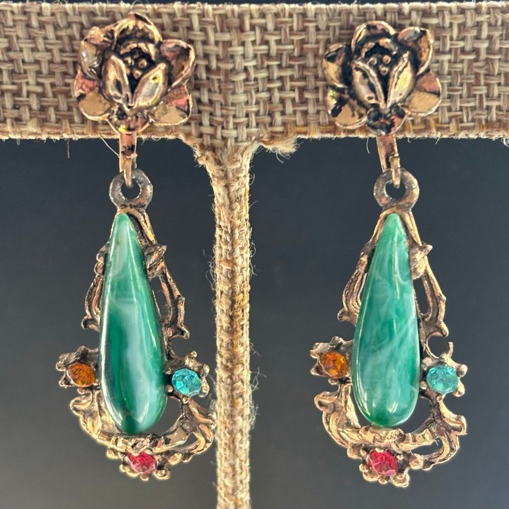 Vintage  Art Deco Simulated Jade and Rhinestones Screw Back Earrings